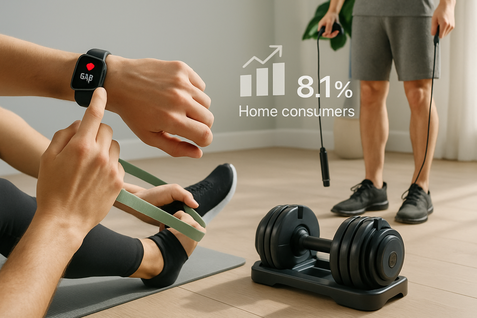 A dynamic landscape image showcasing various modern fitness accessories in use within a contemporary home gym setting. This includes a user 