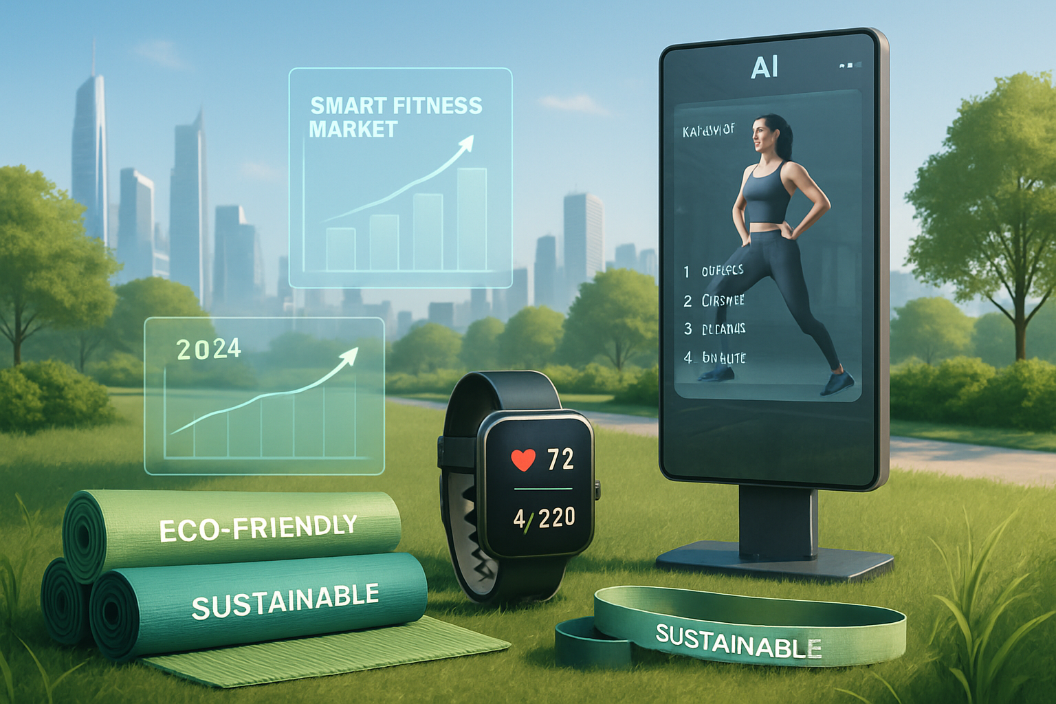 A futuristic and sustainable landscape image depicting the technological integration and eco-friendly aspects of fitness accessories. Focus 