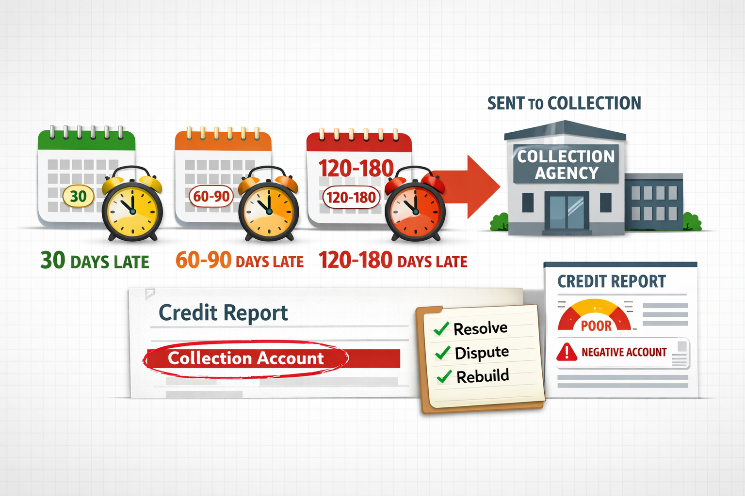 for cover IMAGE ony (3:2) Concept: A credit report page with a red “Collection Account” line highlighted and a checklist beside it labeled “