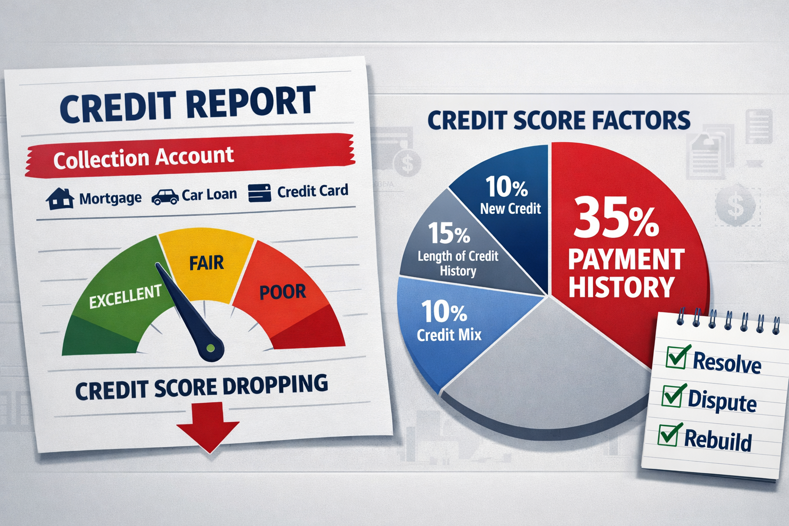 for cover IMAGE ony (3:2) Concept: A credit report page with a red “Collection Account” line highlighted and a checklist beside it labeled “