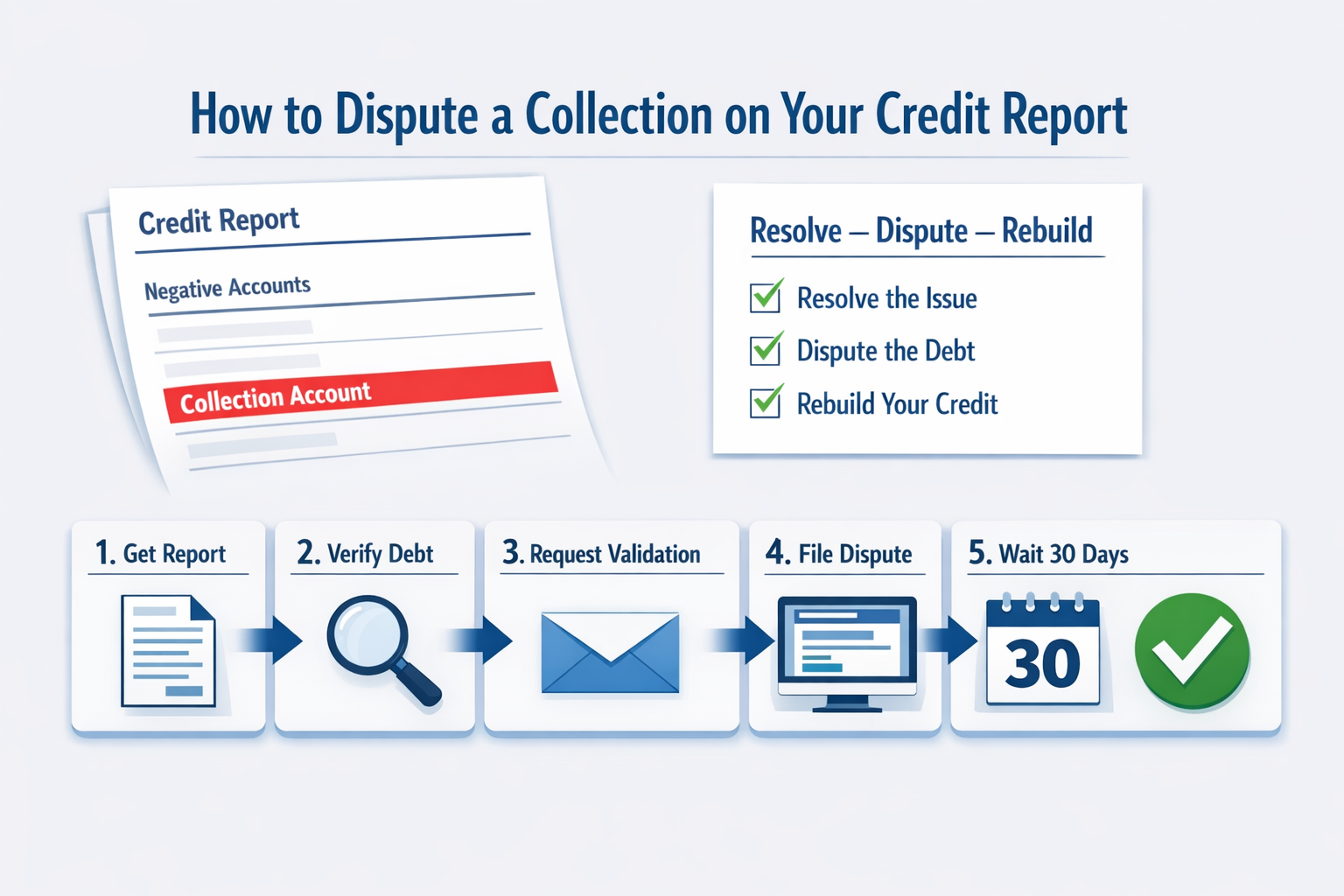 for cover IMAGE ony (3:2) Concept: A credit report page with a red “Collection Account” line highlighted and a checklist beside it labeled “