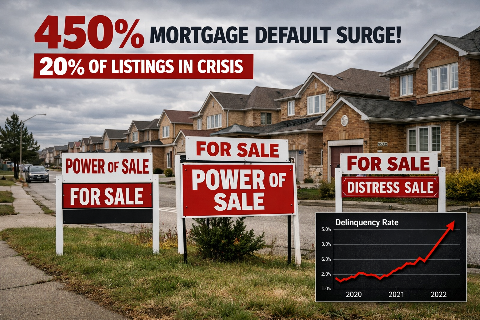 Wide-angle editorial photograph of a Toronto suburban street in Brampton showing multiple 'Power of Sale' and 'For Sale'