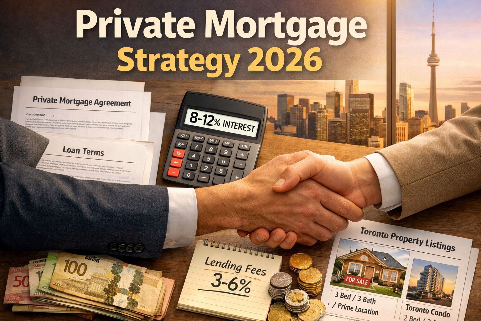 Flat-lay infographic style image showing private mortgage documents, calculator displaying 8-12% interest rates, Toronto