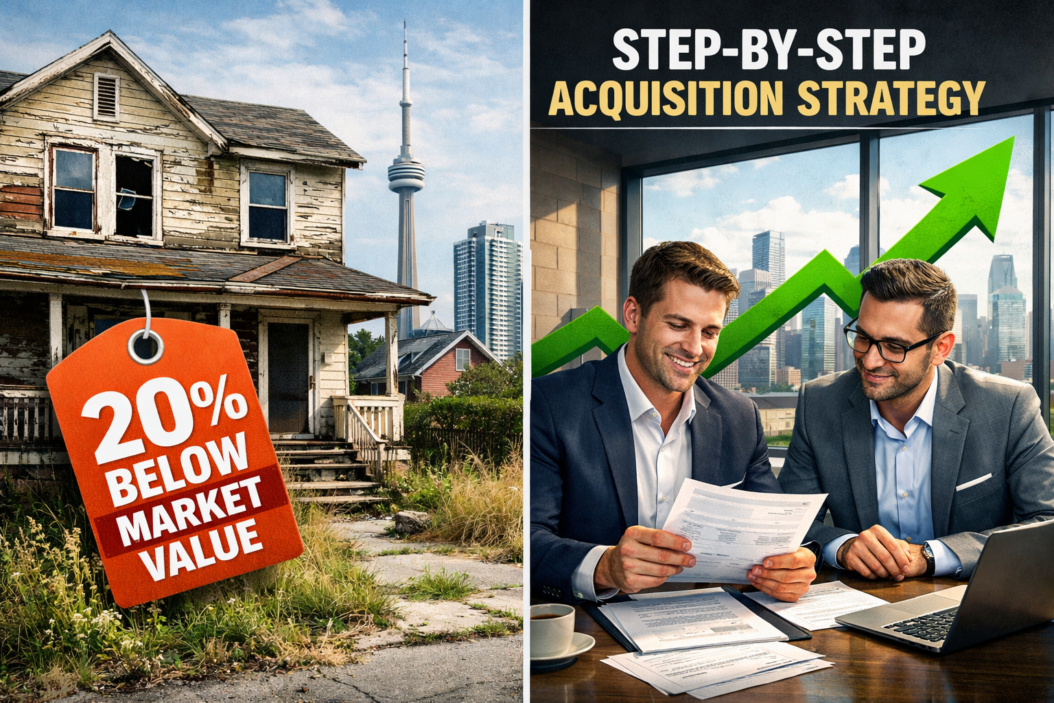 Split-screen editorial image: left side shows distressed GTA property exterior with peeling paint and overgrown yard tagged