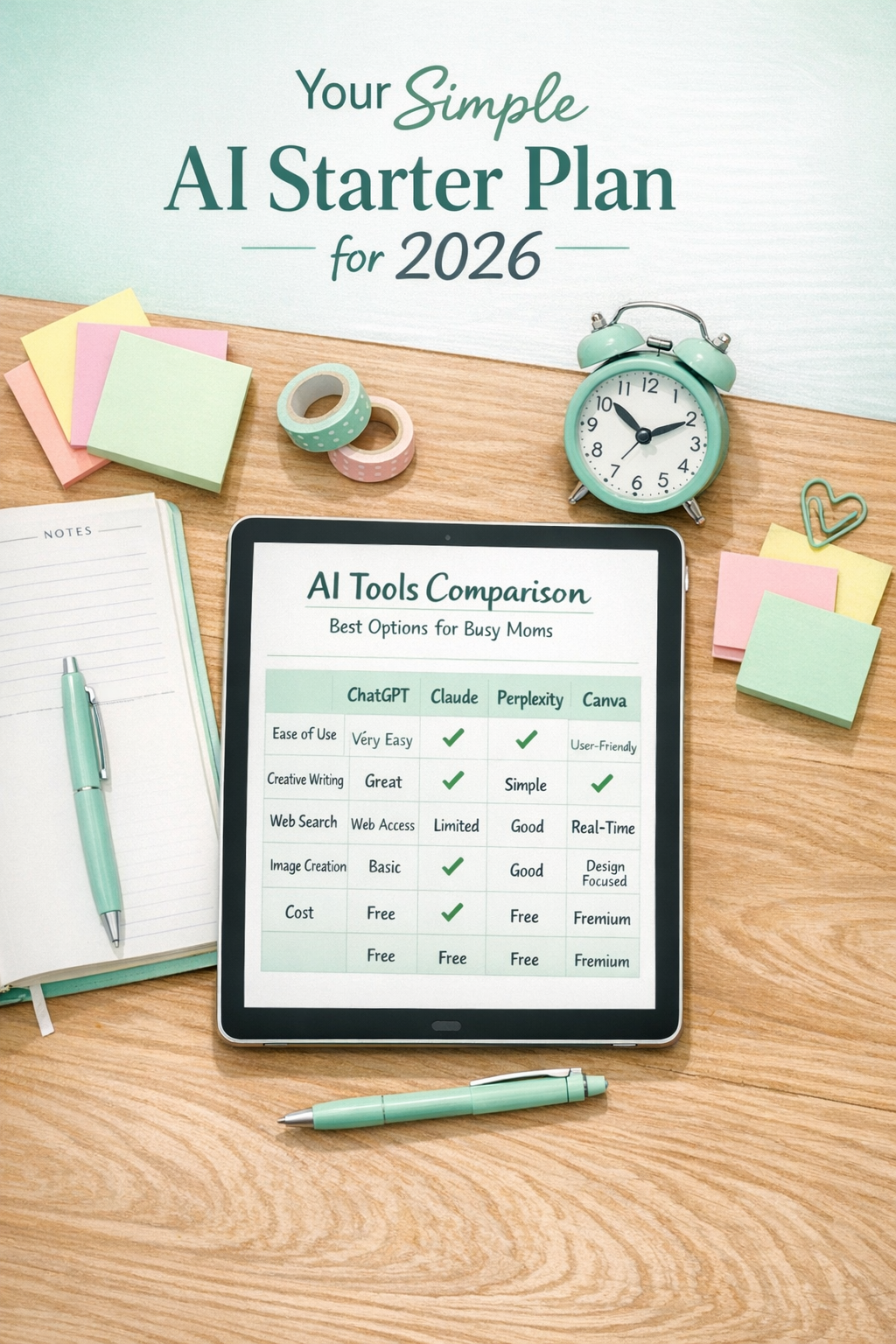 Simple AI starter plan comparison chart for moms in 2026