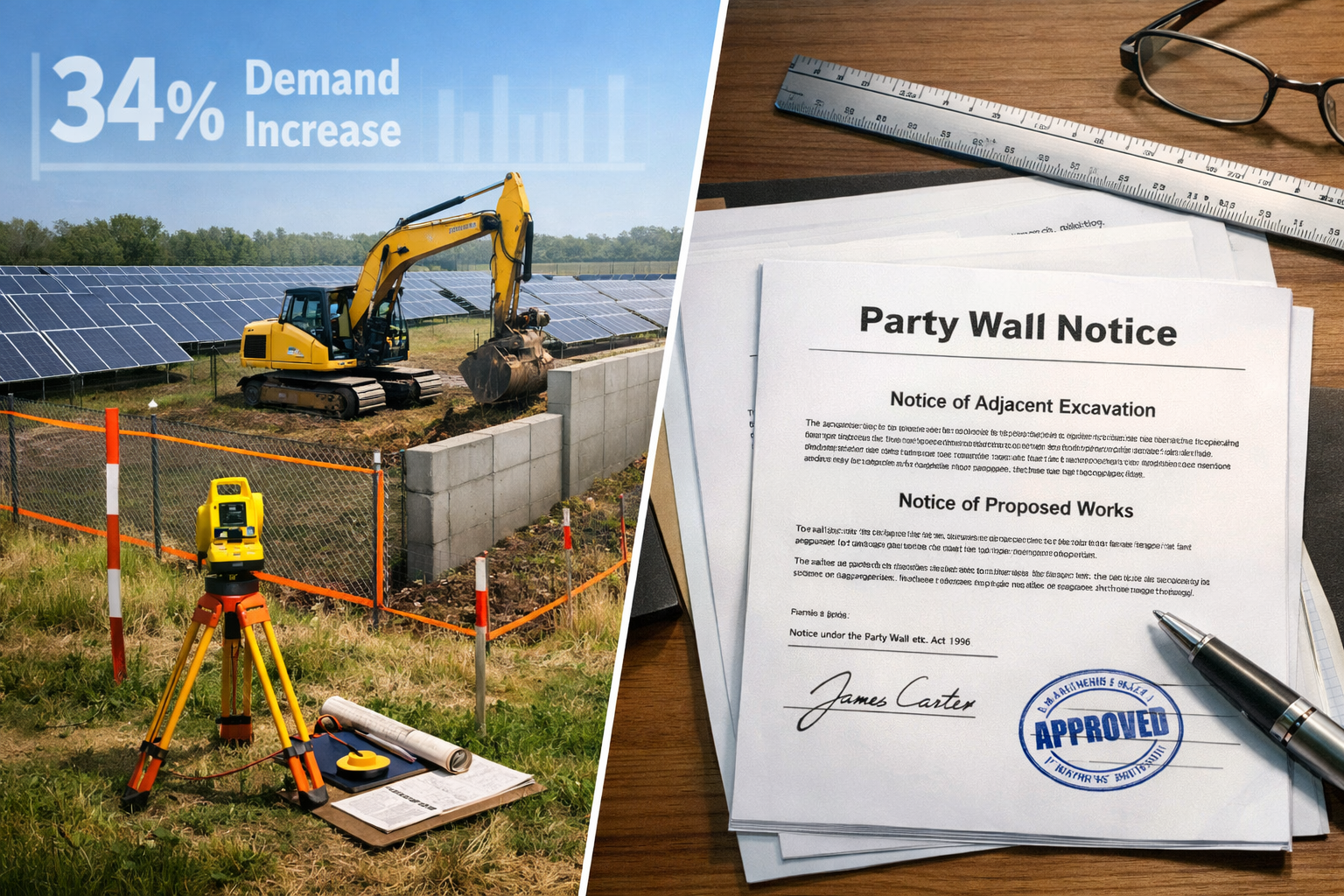 Detailed landscape format (1536x1024) image showing split-screen composition: left side displays modern solar power facility with boundary w