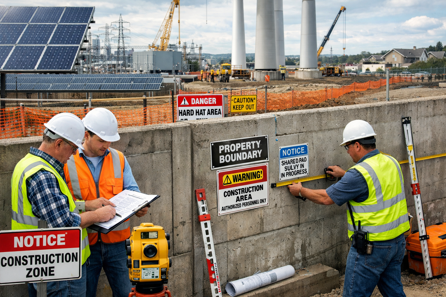 Detailed landscape format (1536x1024) image showing modern power facility construction site with focus on boundary and party wall areas. For