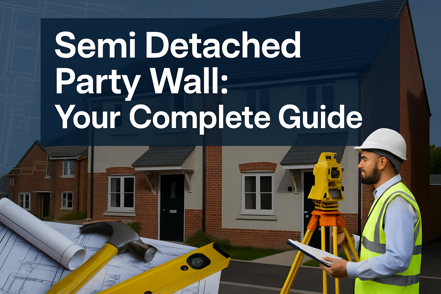Professional landscape hero image (1536x1024) featuring bold text overlay 'Semi Detached Party Wall: Your Complete Guide' in extra large 72p