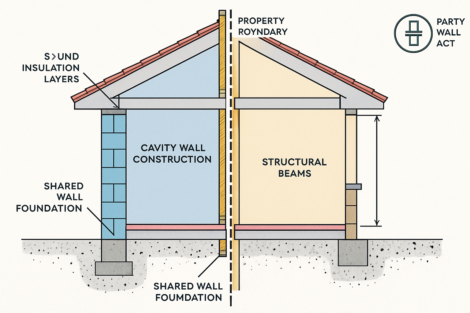 Detailed architectural cross-section illustration (1536x1024) showing semi-detached party wall structure with labeled components: shared wal