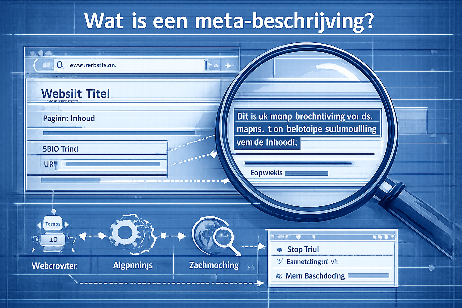 Professional editorial illustration explaining 'Wat is een meta-beschrijving' concept, featuring a transparent website wireframe with a magn