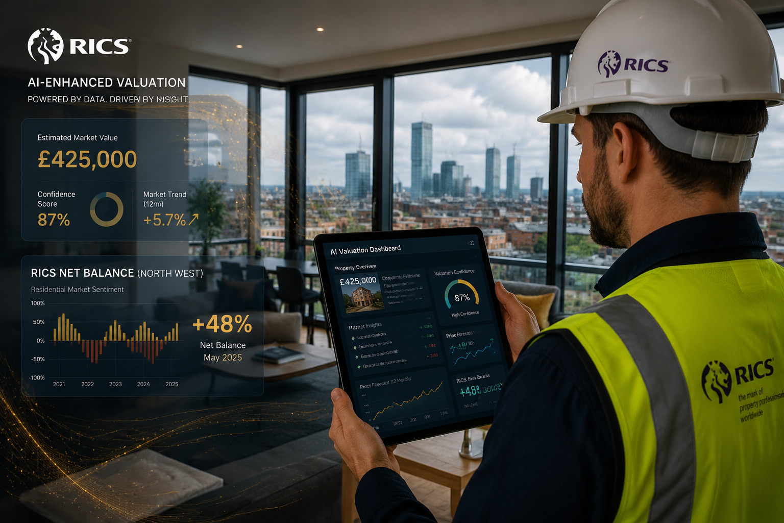 Wide-angle interior shot of a professional RICS surveyor in a hard hat reviewing a digital tablet displaying AI valuation