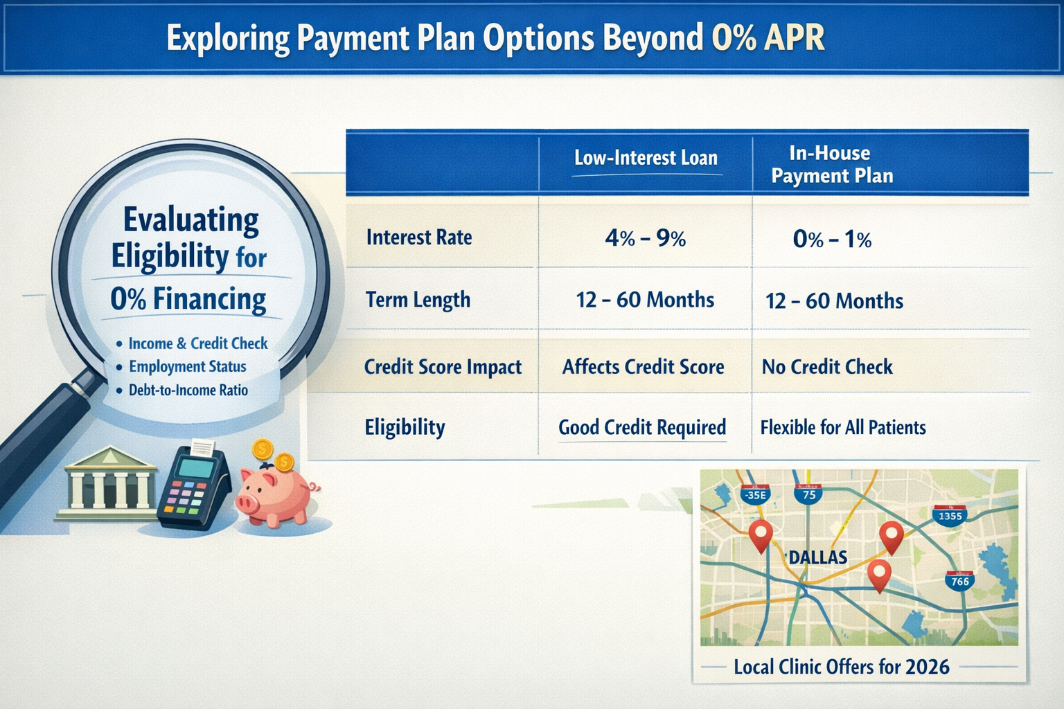 A comparison table in () graphically presenting different payment plan options beyond 0% APR, such as low-interest loans and