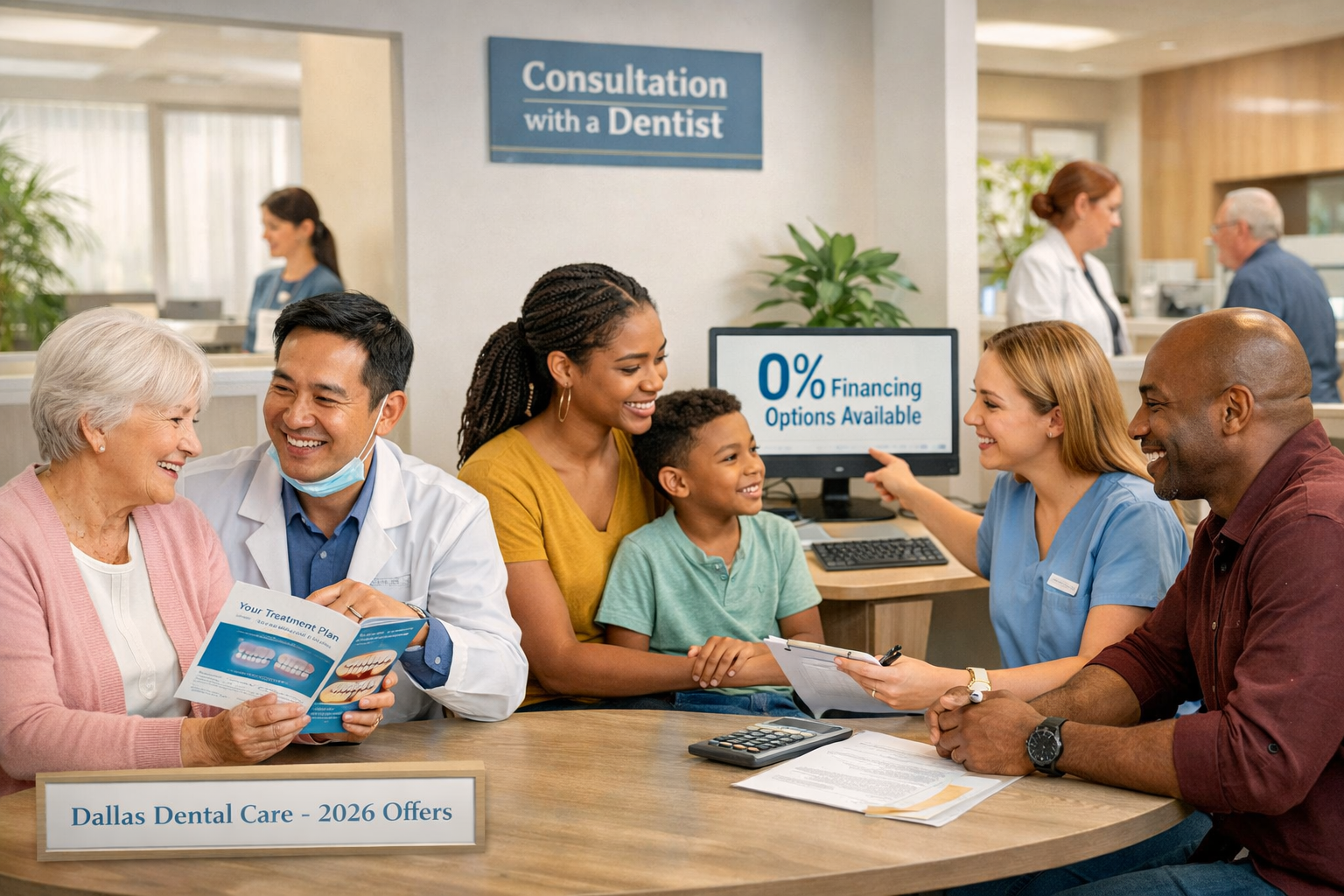 An engaging scene in () showing a diverse group of patients (multi-generational, various backgrounds) consulting calmly with