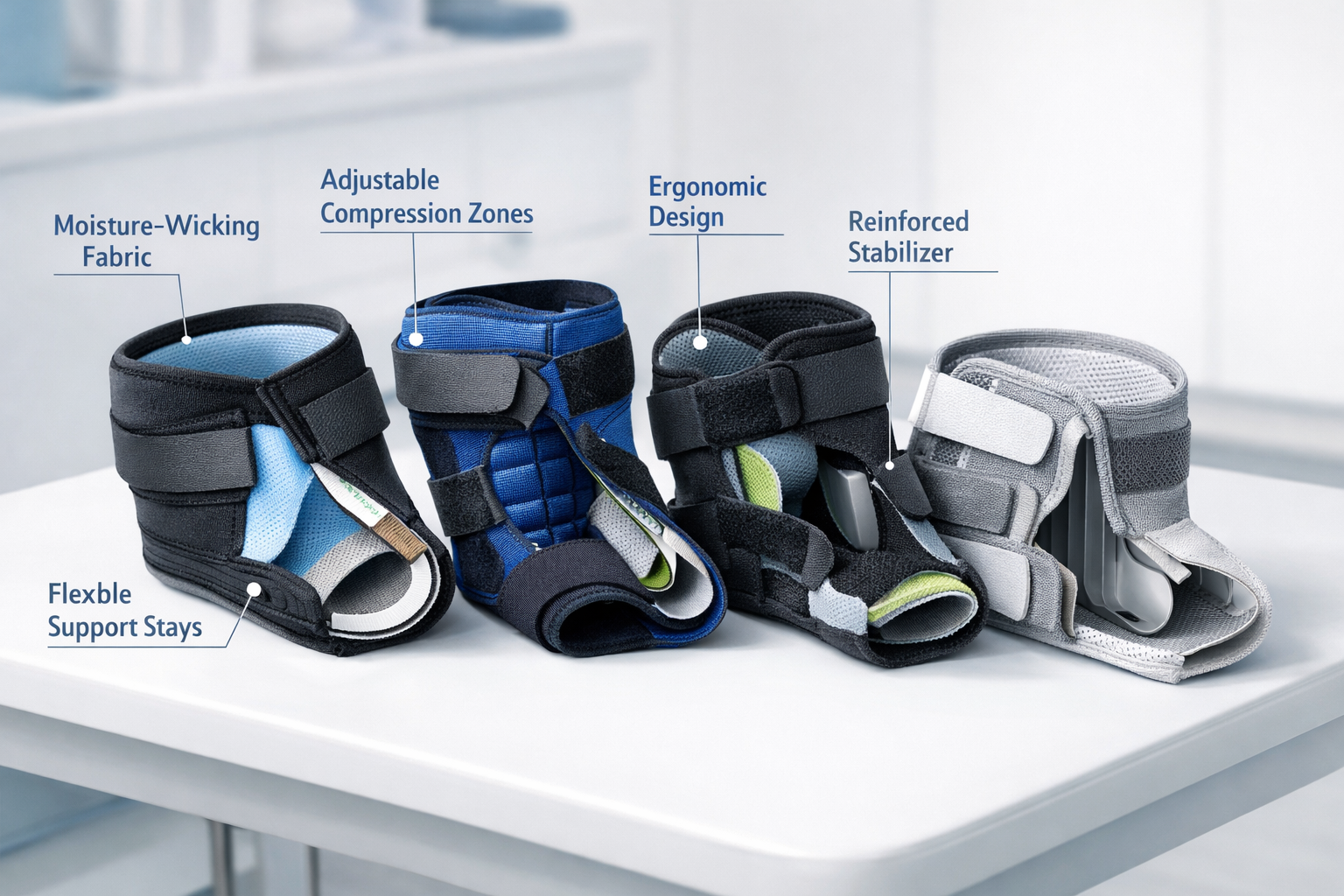 () detailed cross-section illustration showing different types of light support arm braces arranged on a clean white medical