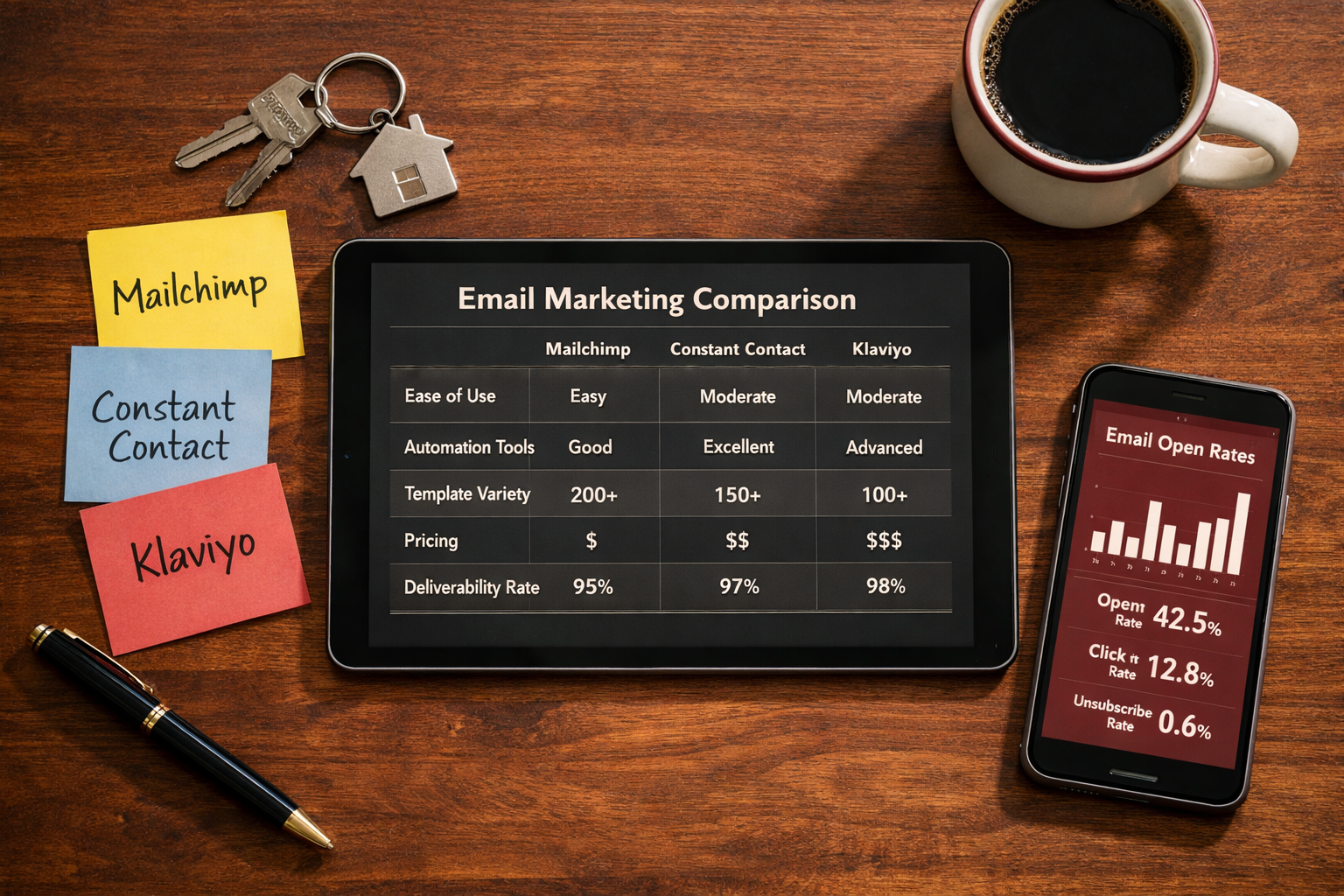 Overhead flat-lay of a wooden desk showing a tablet with an email marketing comparison chart, a house key, a coffee mug,