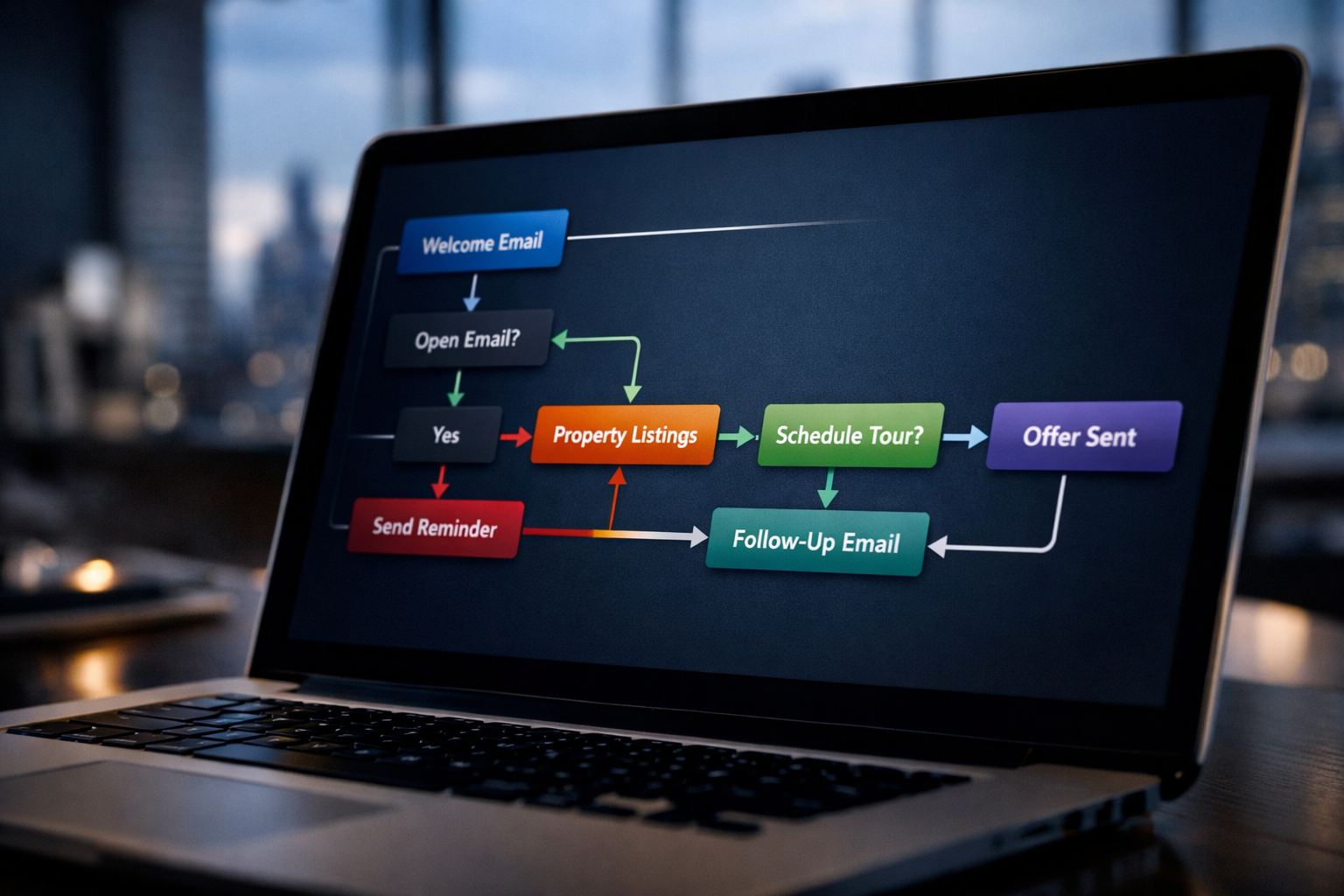 Close-up side-angle shot of a laptop screen displaying a colorful email automation drip sequence flowchart with arrows