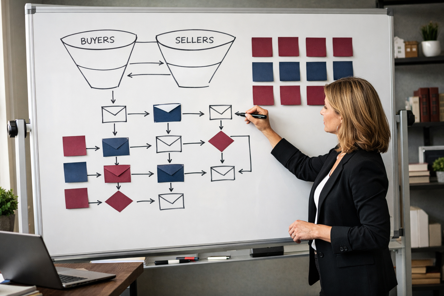 Wide-angle shot of a real estate agent standing at a whiteboard sketching out an email drip sequence funnel for buyers and