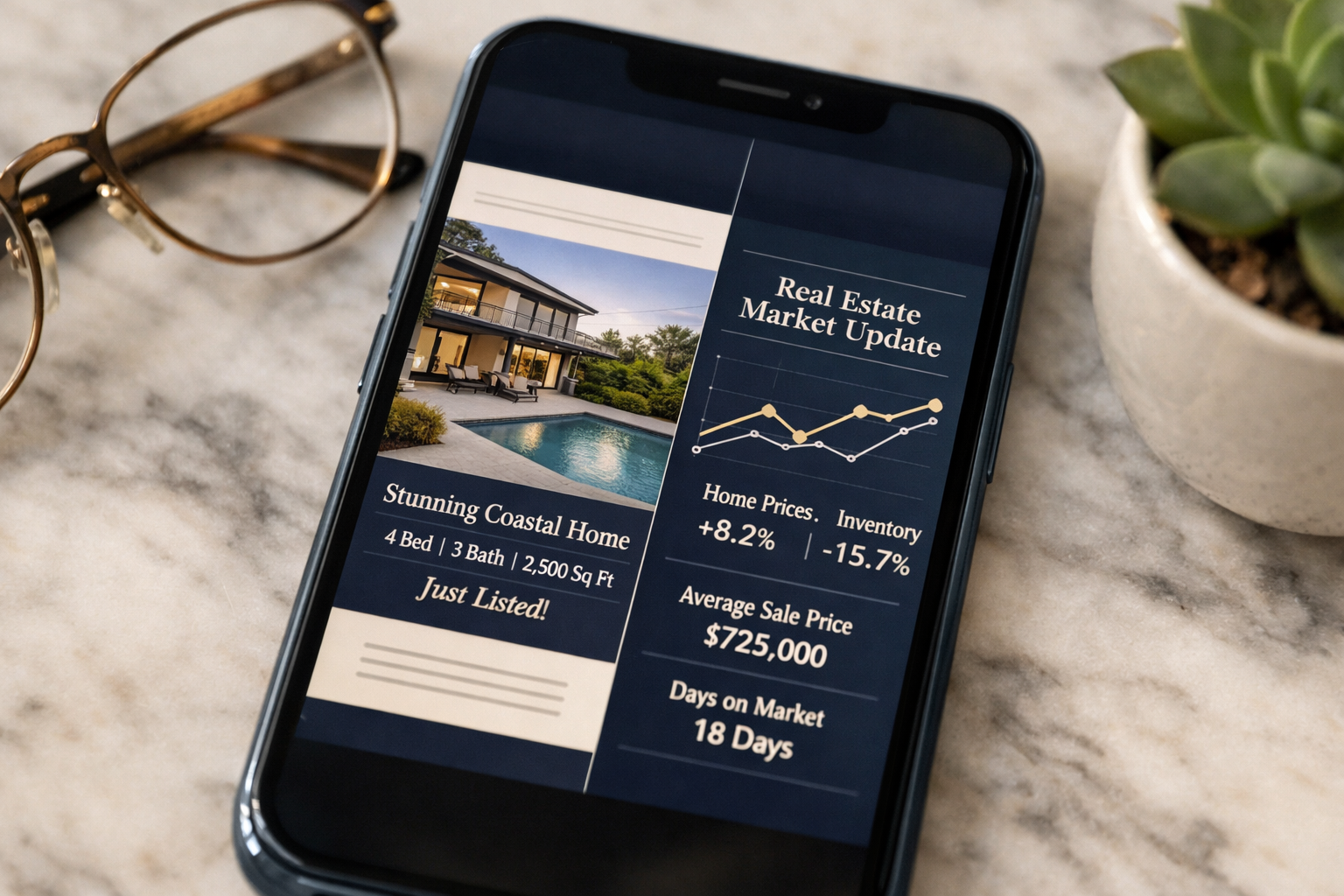 Macro close-up of a smartphone screen showing a split-view of two real estate email newsletters side by side, one with a