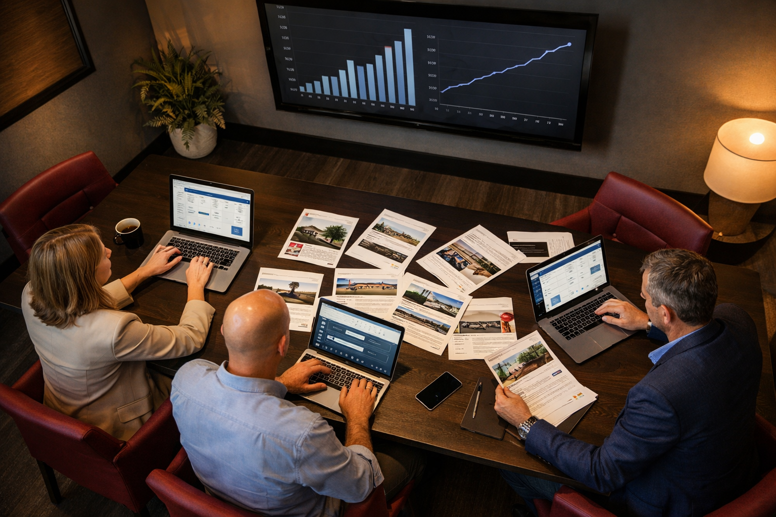 Bird's-eye view of a real estate team meeting around a conference table with laptops open showing email campaign reports,