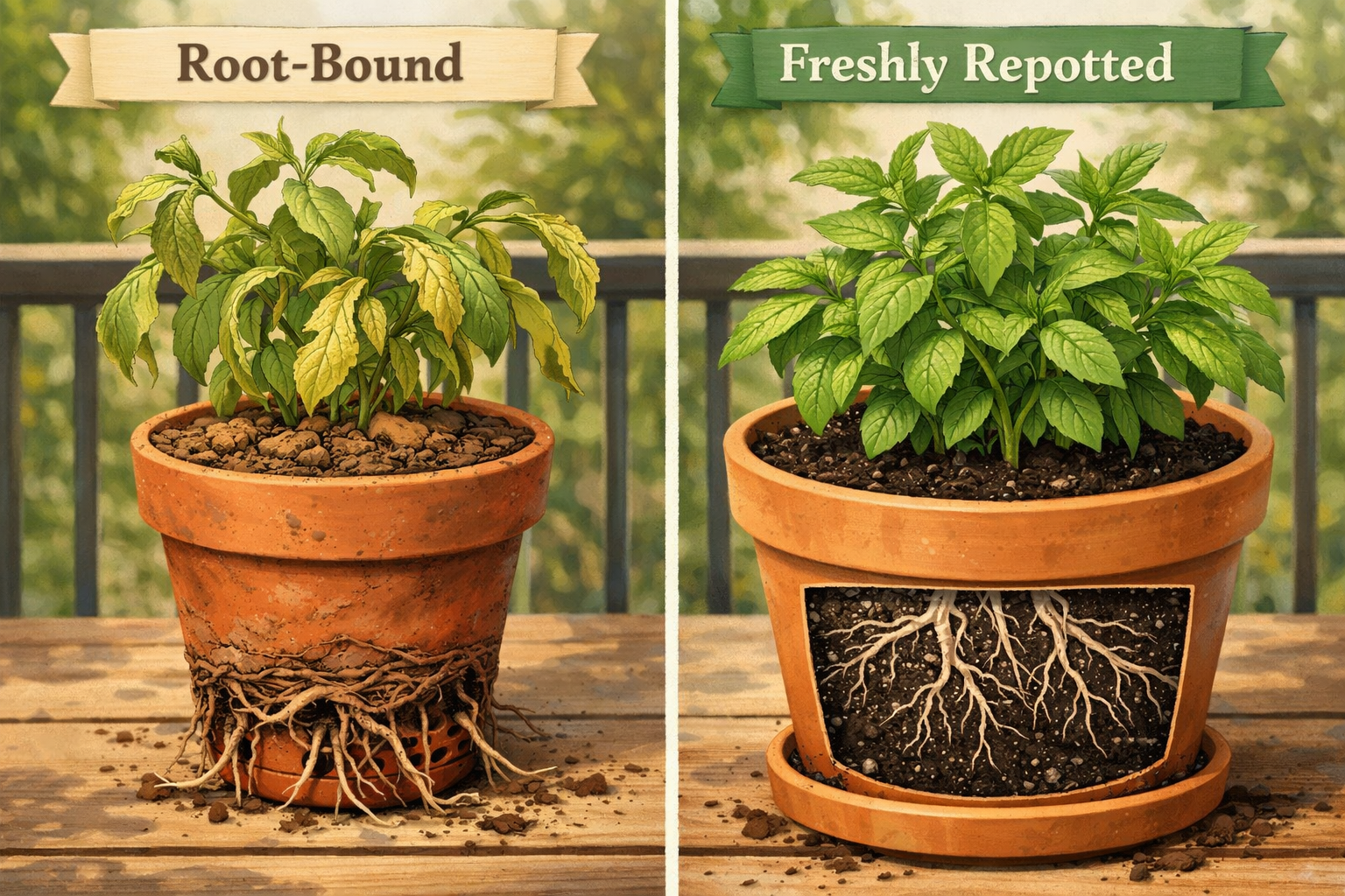 Detailed () editorial illustration showing a split-scene comparison: left side depicts a root-bound herb in a small