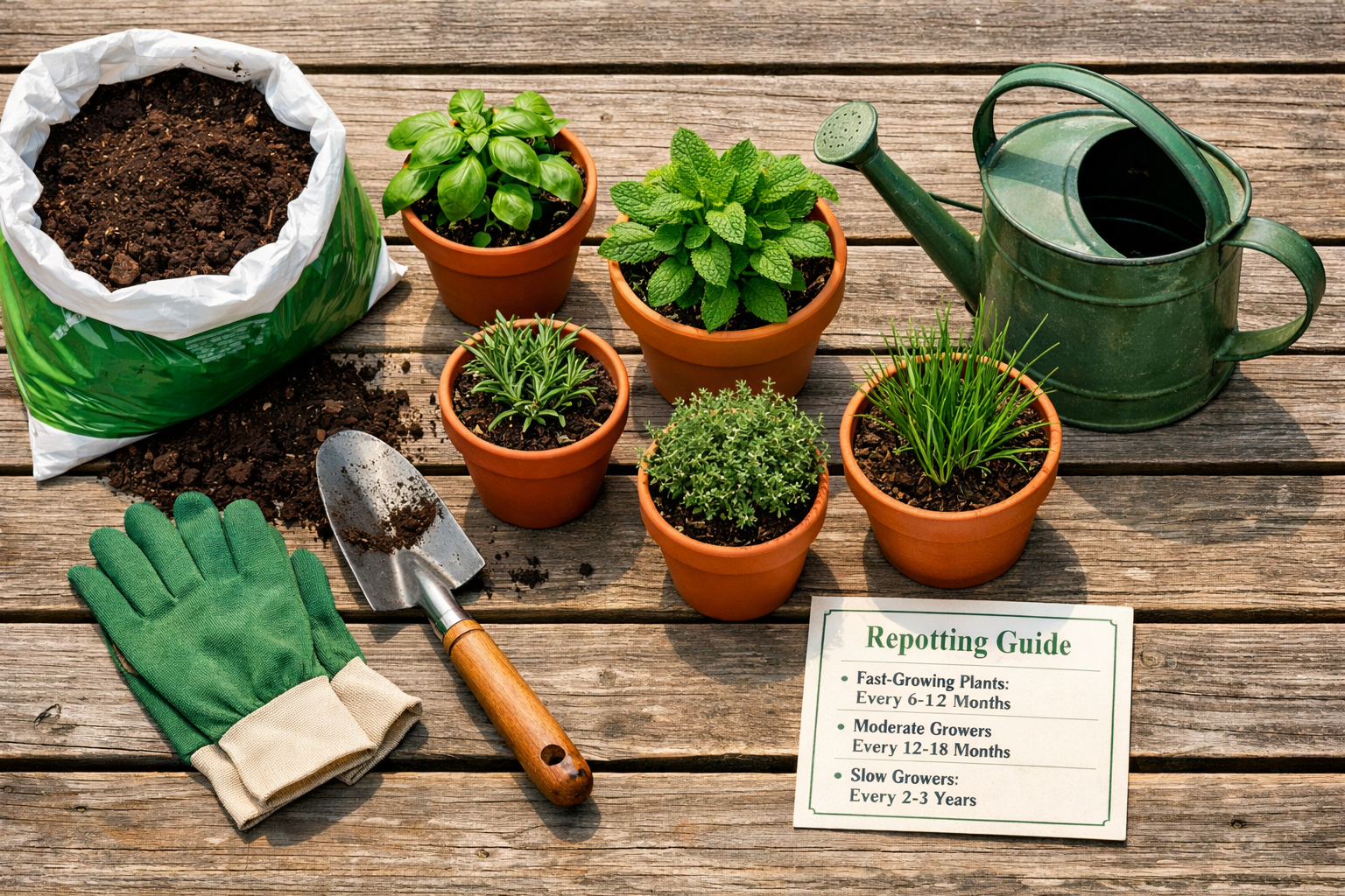 () overhead flat-lay photograph on a weathered wooden balcony surface showing repotting supplies arranged neatly: fresh