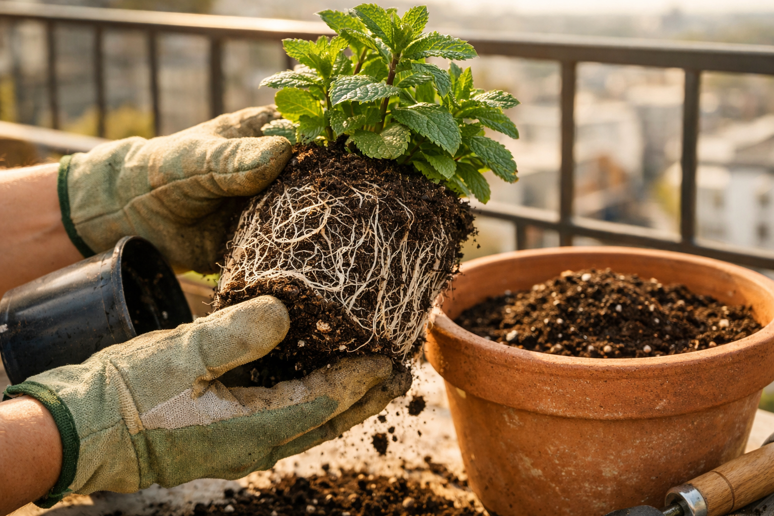 () close-up action shot of hands gently removing a root-bound mint plant from a small plastic nursery pot on a sunny