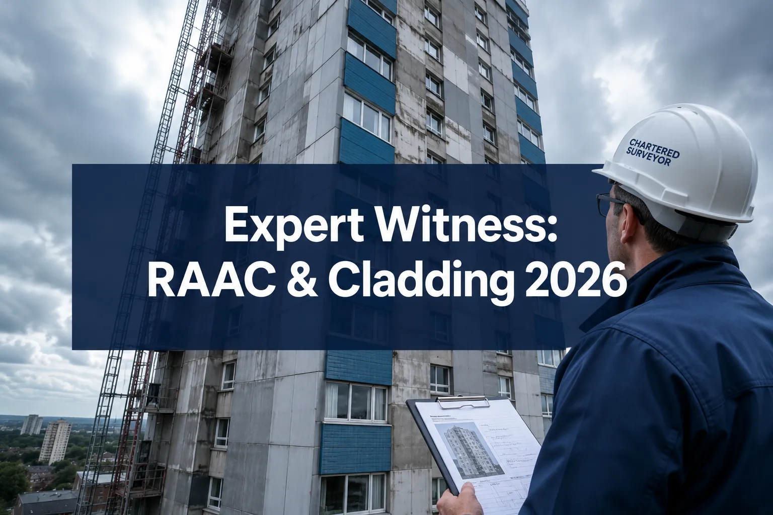 Professional () hero image with (≤42 chars): 'Expert Witness: RAAC & Cladding 2026' in crisp white on a deep navy