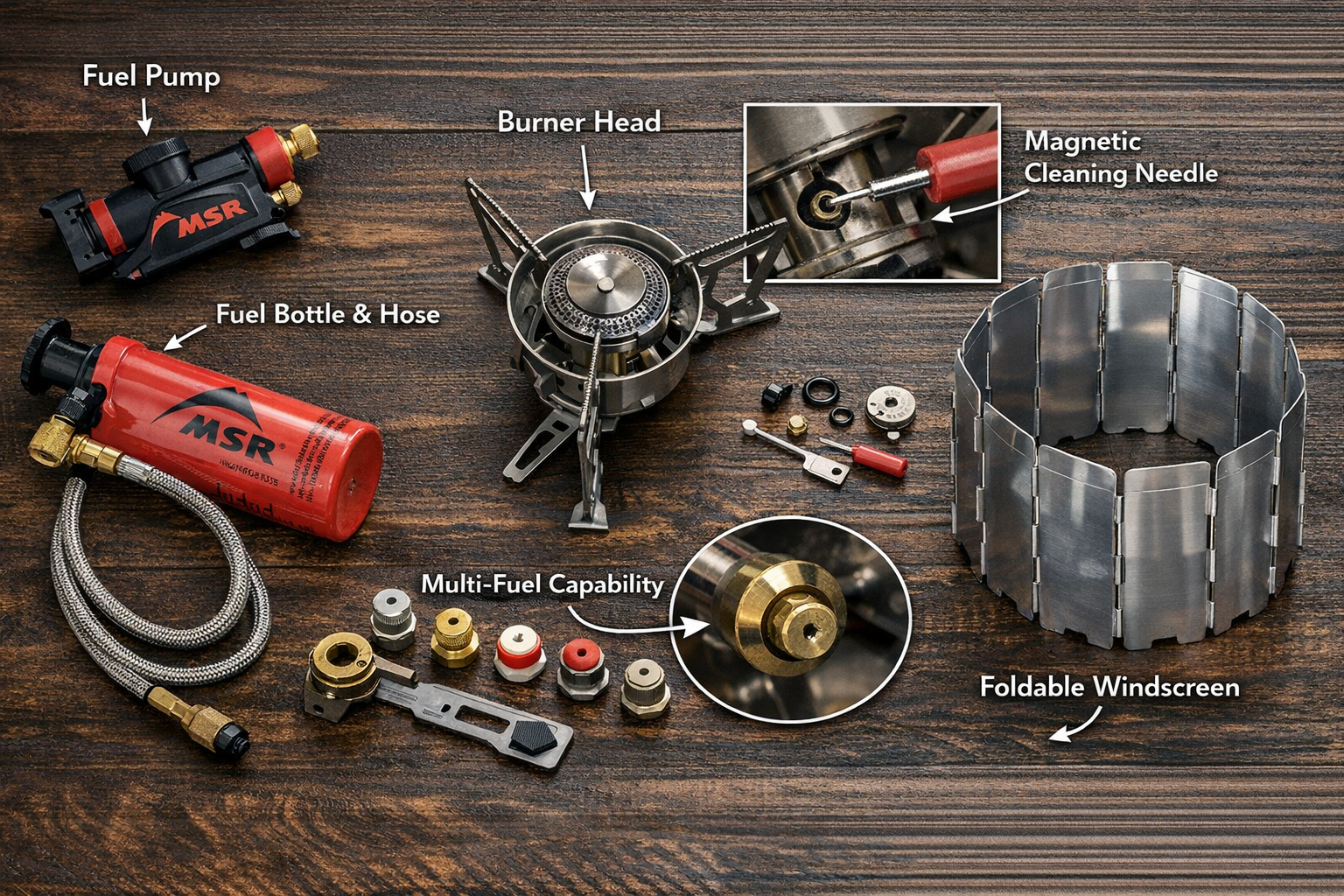 Detailed product showcase of MSR Polaris Optifuel multi-fuel stove disassembled showing pump, fuel line, burner head, and windscreen on a da
