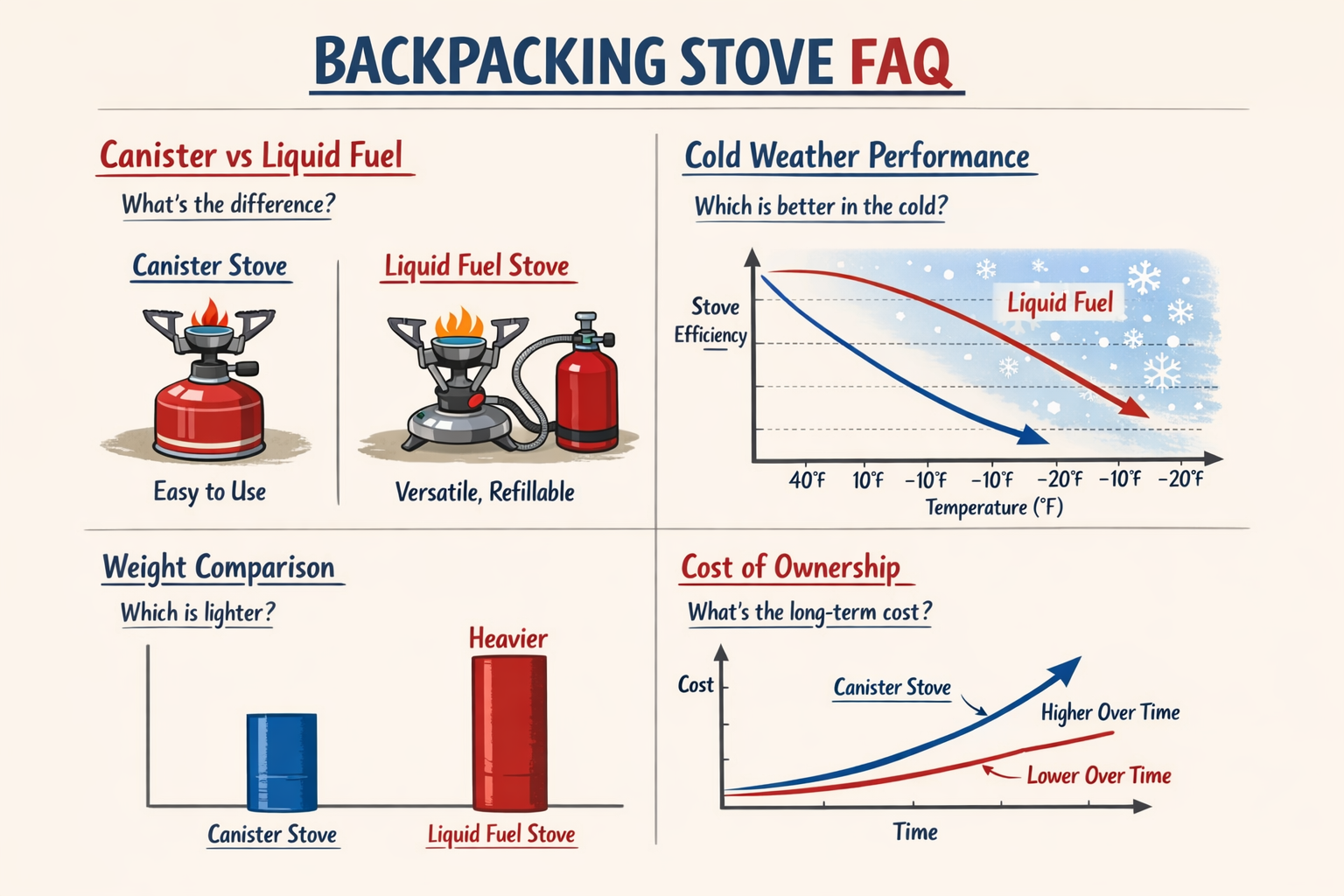 FAQ-style infographic showing common backpacking stove questions with small illustrated answers: canister vs liquid fuel diagram, cold weath