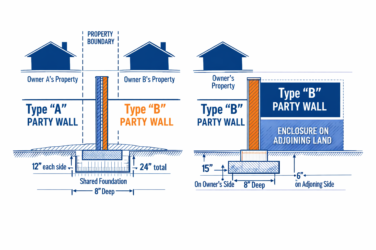 () detailed architectural diagram showing side-by-side comparison of Type A and Type B party wall structures in