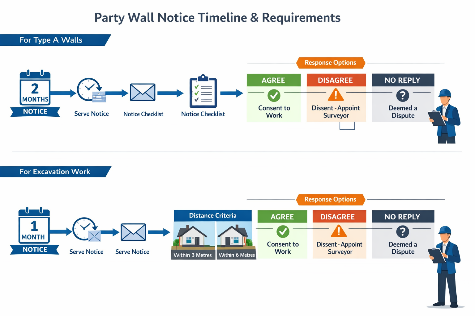 () infographic showing party wall notice timeline and requirements flowchart. Visual displays two parallel paths: top path