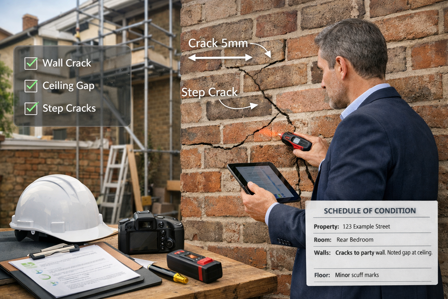 () professional scene showing party wall surveyor conducting property assessment. Foreground displays surveyor in business