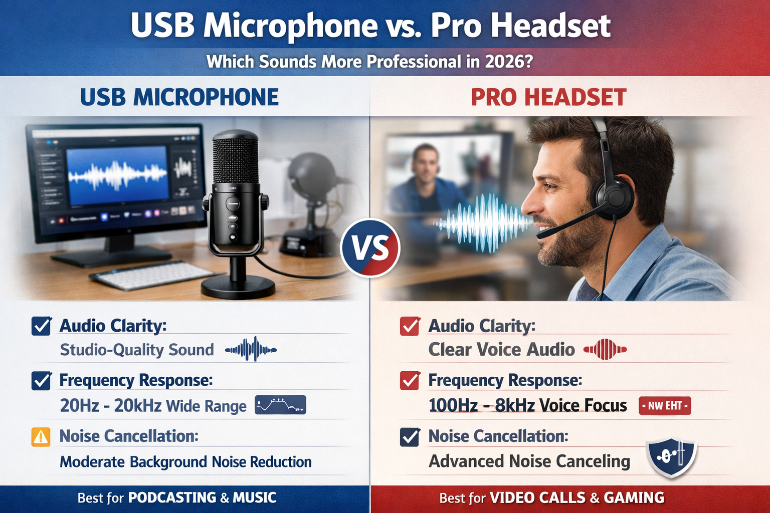 A comparative infographic showing two distinct setups: on the left, a professional USB condenser microphone on a desk with a screen displayi