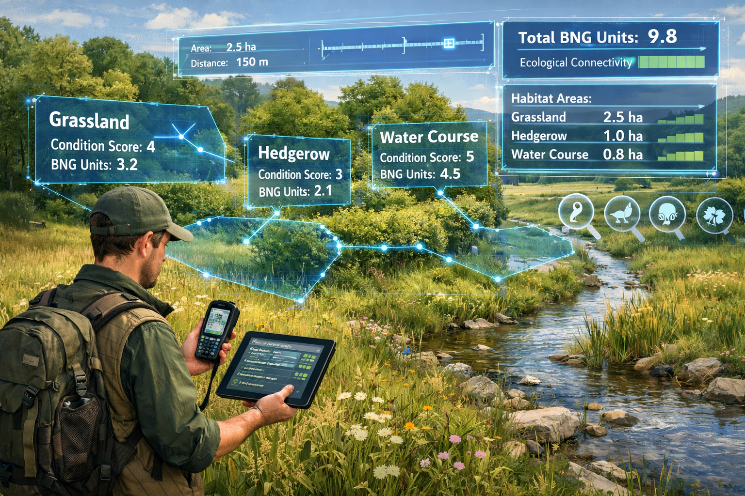 () detailed illustration showing biodiversity surveyor in field using handheld GPS device and tablet, surrounded by labeled
