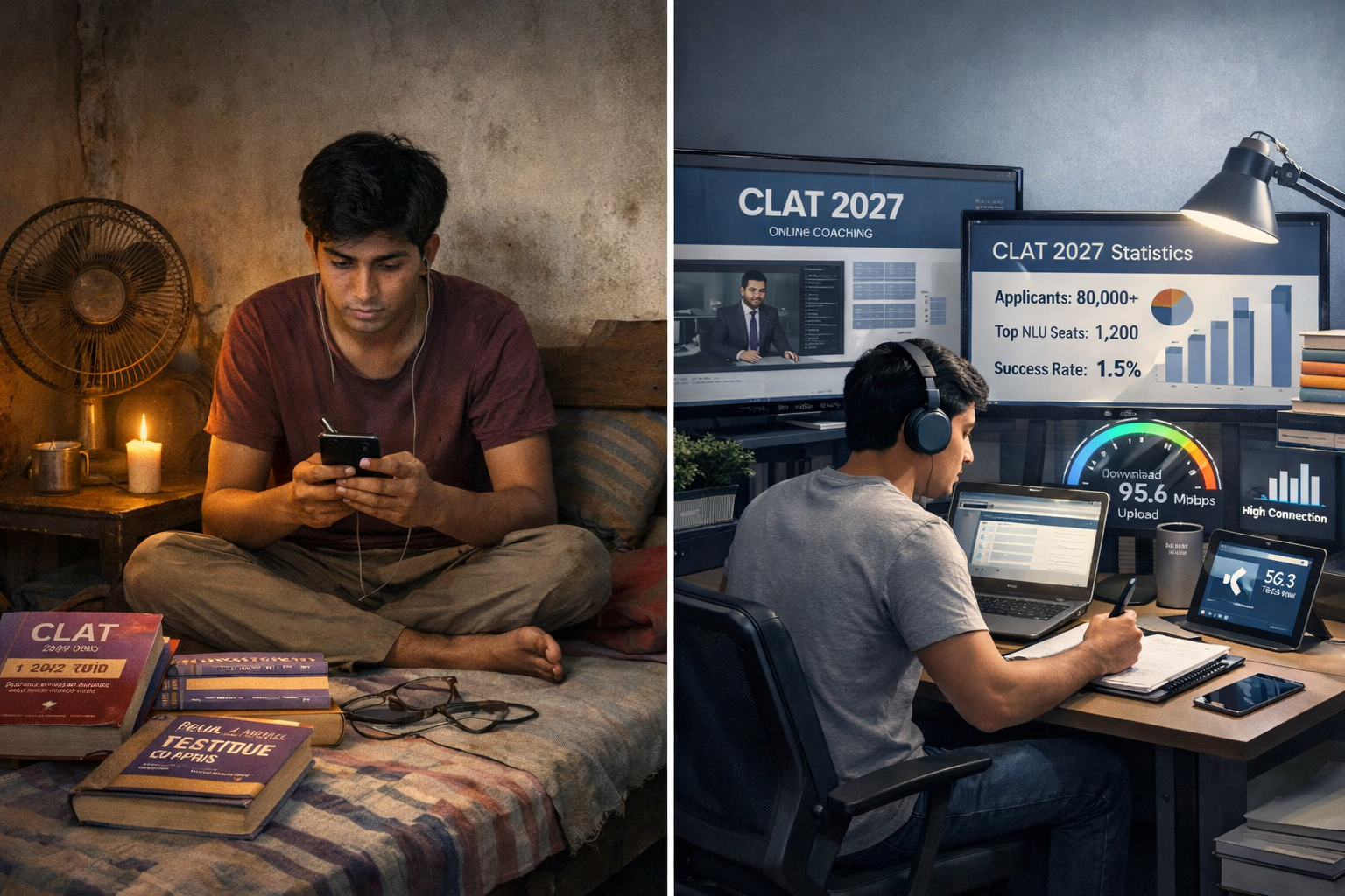 Split-screen editorial image depicting the digital divide in CLAT 2027 online preparation: Left side shows a young student