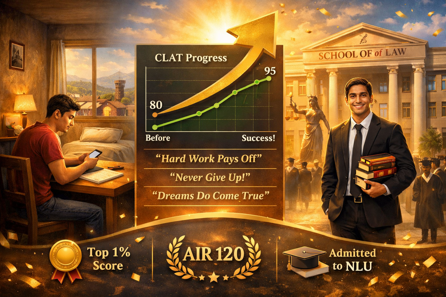 () success visualization showing transformation journey from small town to NLU campus. Left side depicts student in modest