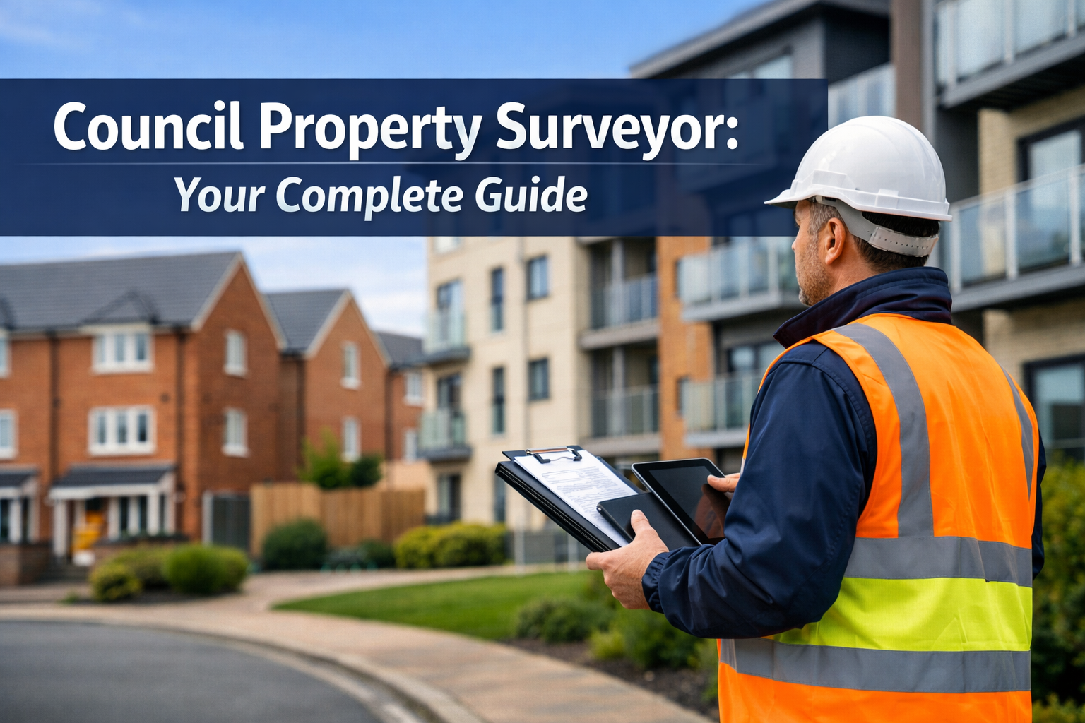 Professional landscape hero image (1536x1024) featuring bold text overlay 'Council Property Surveyor: Your Complete Guide' in extra large 72