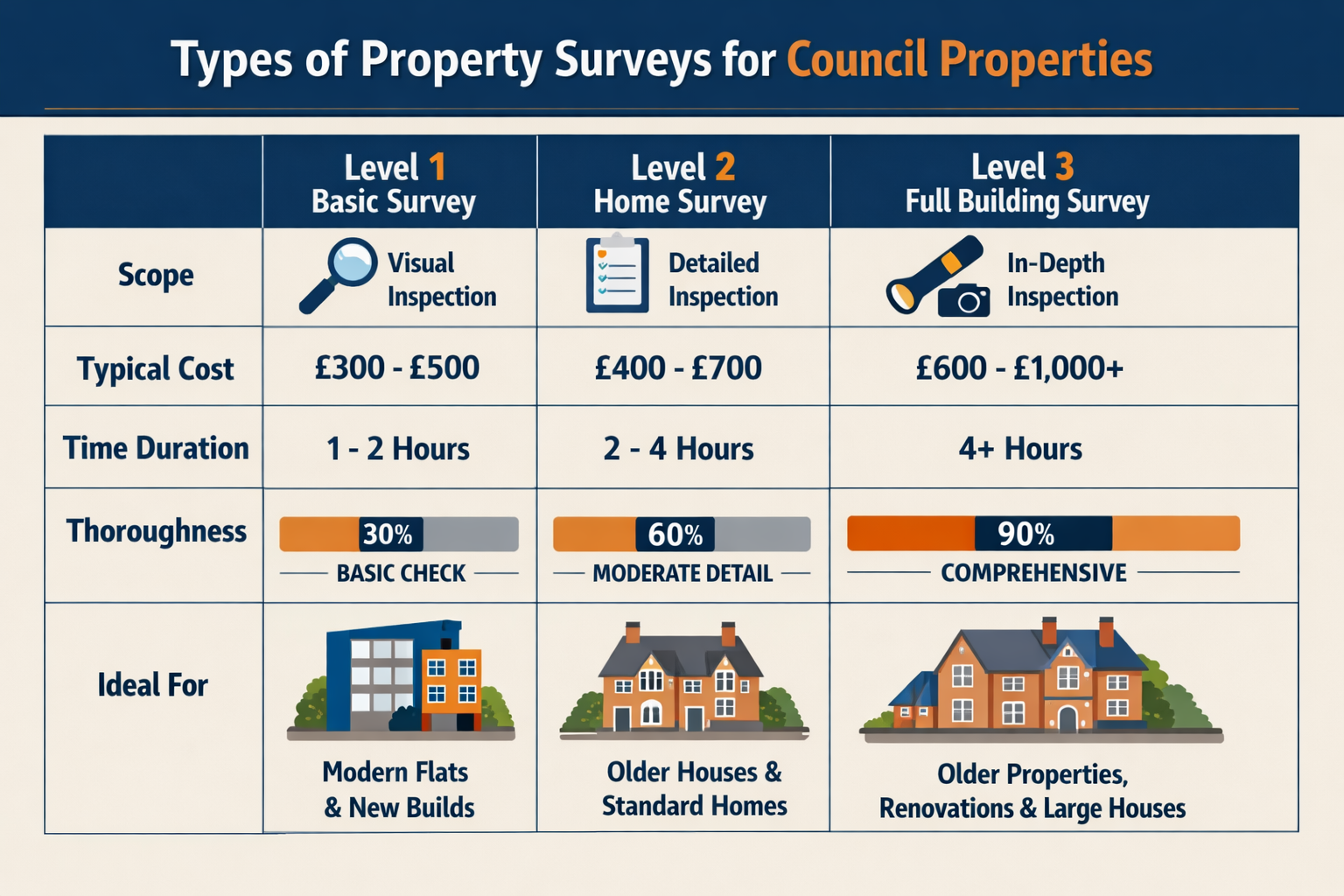 Comprehensive comparison chart illustration in landscape format (1536x1024) displaying different types of property surveys relevant to counc