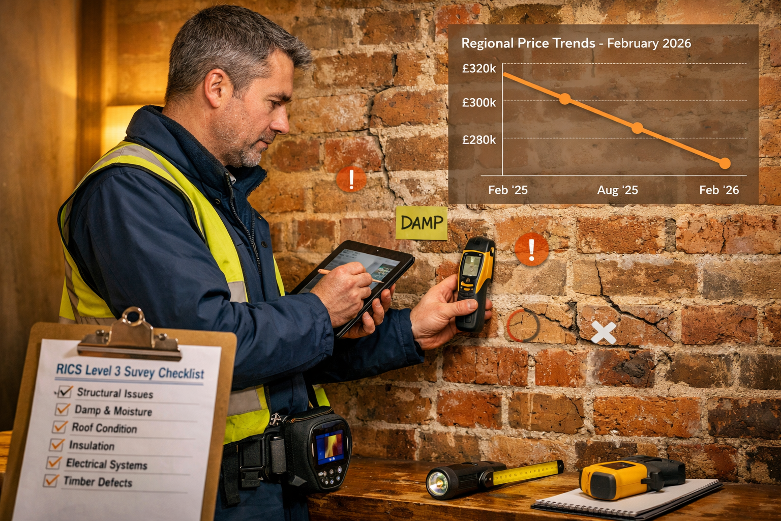 Detailed () image showing professional surveyor conducting Level 3 building survey inspection inside residential property.