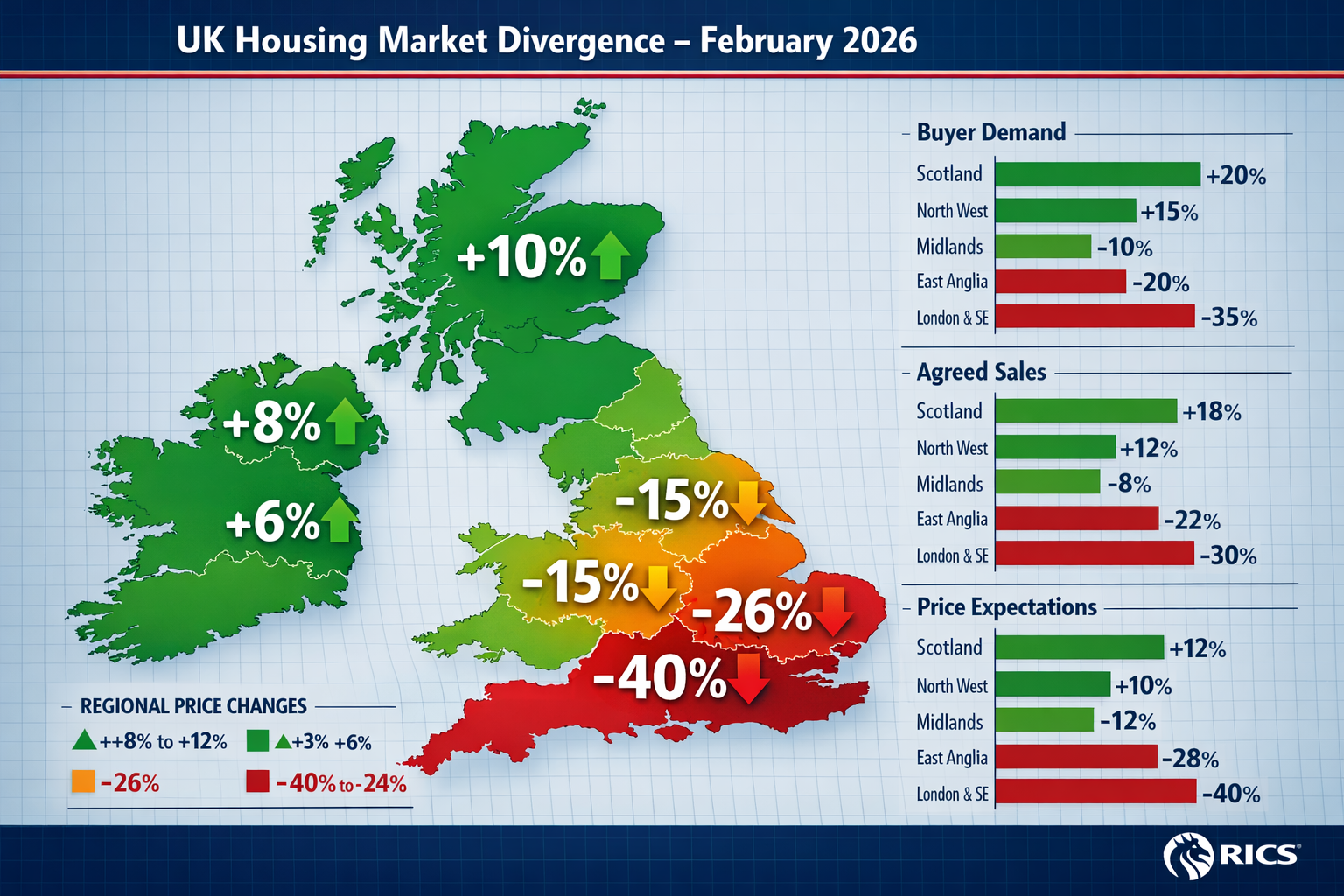 Detailed () UK map infographic showing dramatic regional price divergence patterns for February 2026. Map uses color-coded