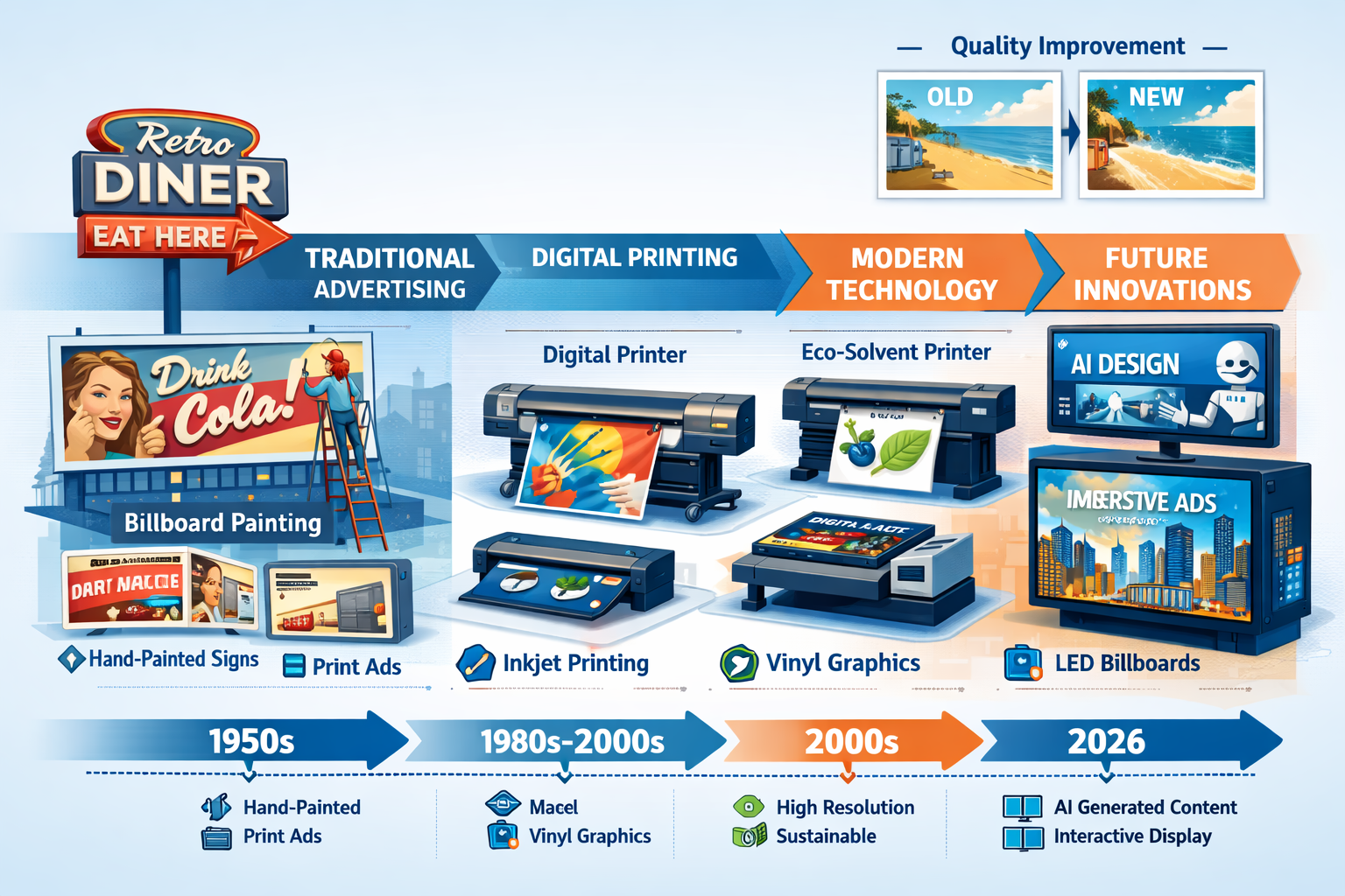 Landscape format (1536x1024) detailed illustration showing evolution timeline of advertising technology from traditional methods to 2026 inn
