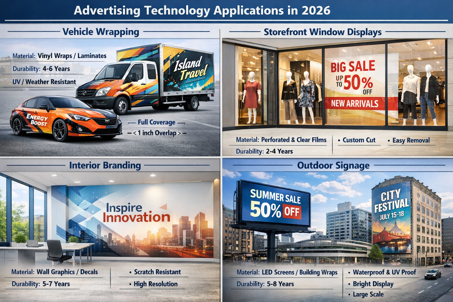 Landscape format (1536x1024) comprehensive comparison chart showing different advertising technology applications in 2026. Split-screen layo