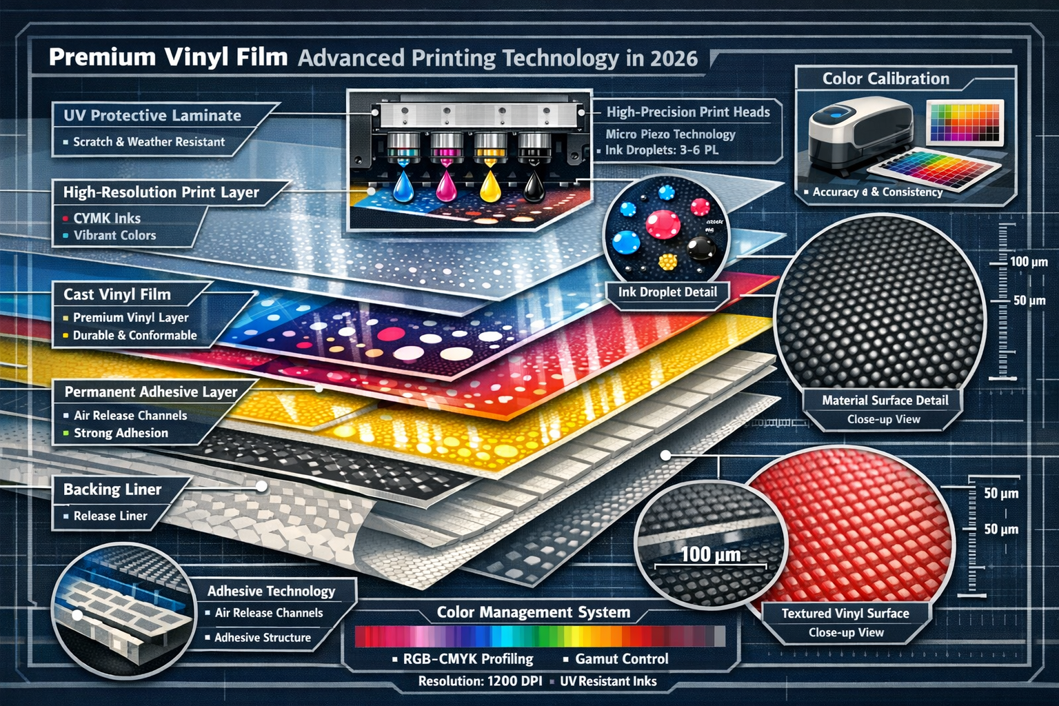 Landscape format (1536x1024) detailed cross-section illustration of modern printing technology and materials used in 2026 advertising. Show