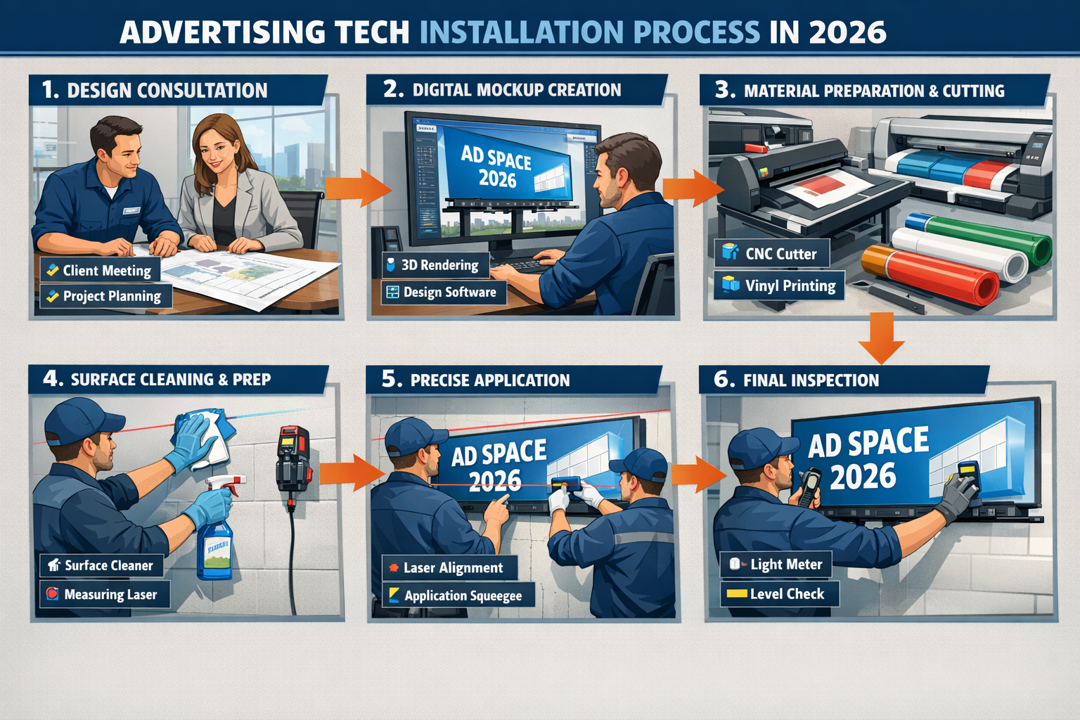 Landscape format (1536x1024) step-by-step visual guide showing professional advertising technology installation process in 2026. Sequential