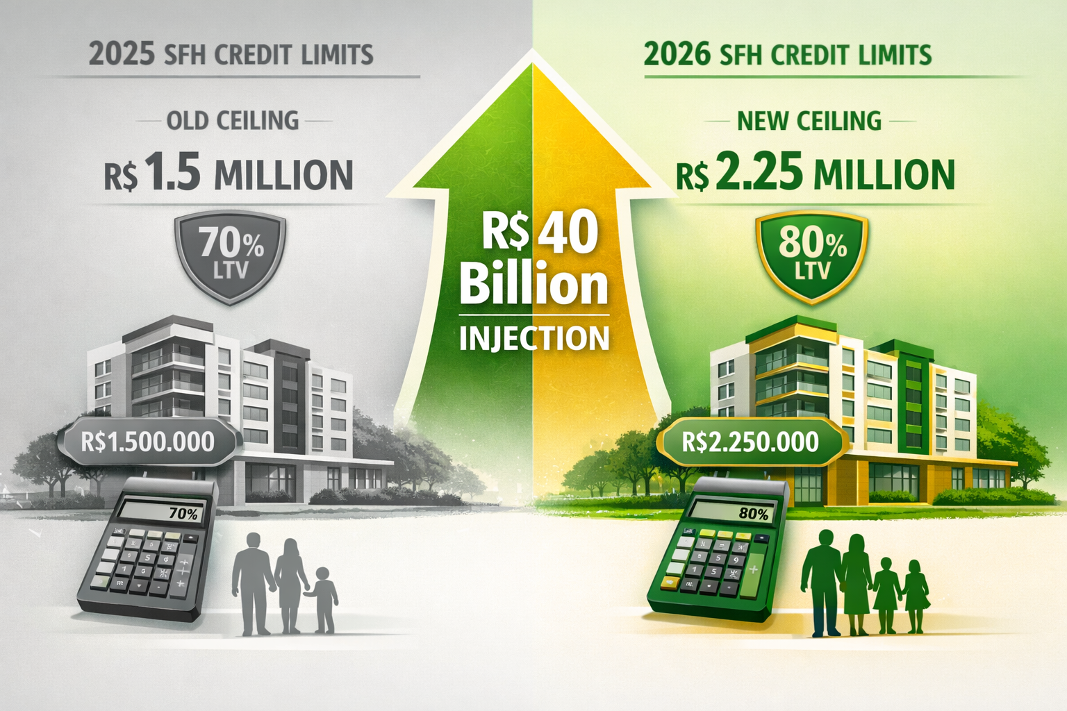 () detailed infographic showing side-by-side comparison of 2025 vs 2026 SFH credit limits in Brazil. Left panel displays old