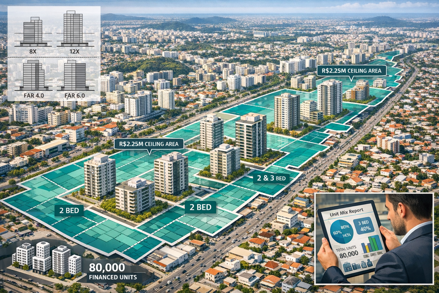 () aerial view illustration of densifying urban corridor in Brazilian city showing mixed-use development zones. Features