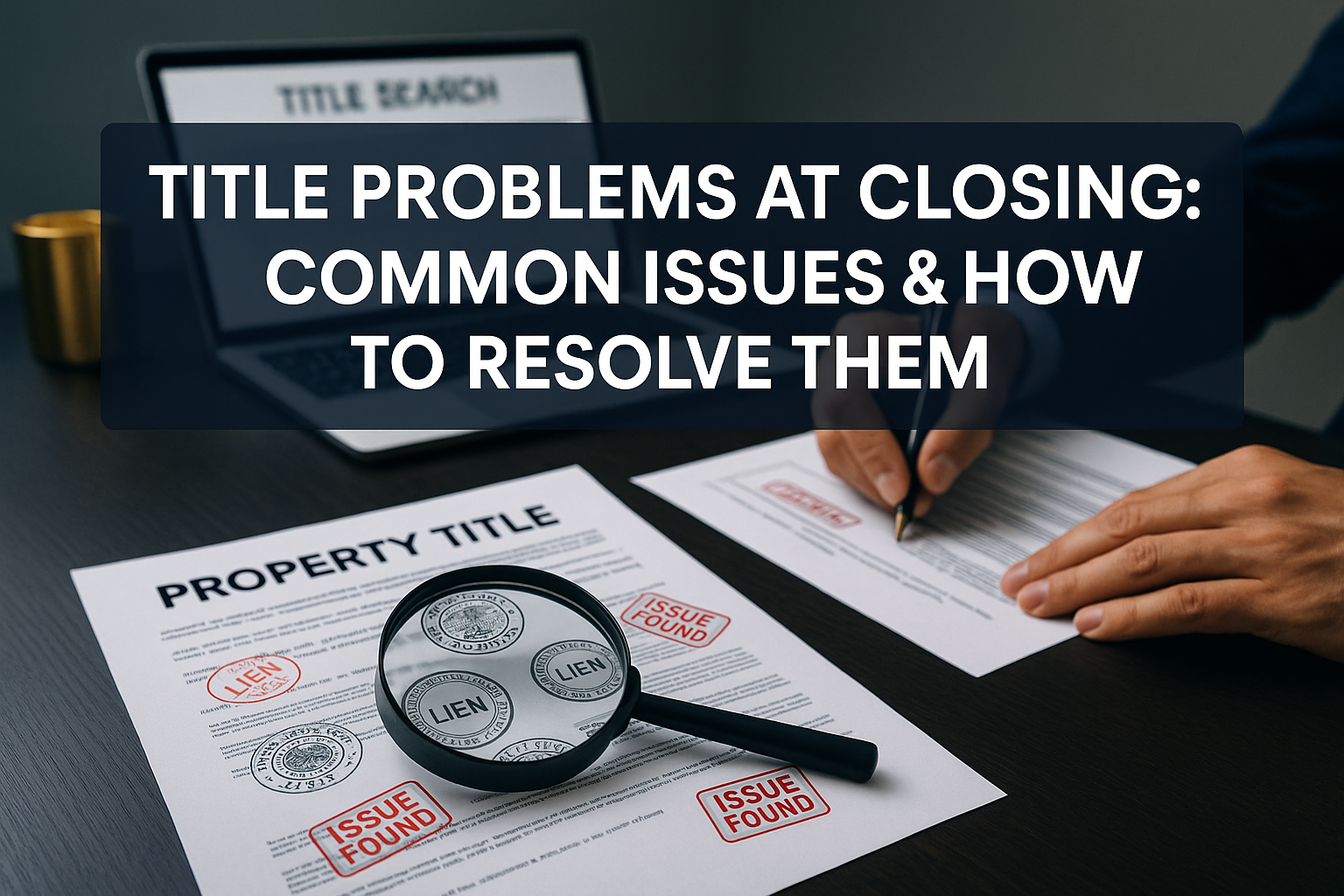 Professional landscape hero image (1536x1024) featuring bold text overlay 'Title Problems at Closing: Common Issues & How to Resolve Them' i