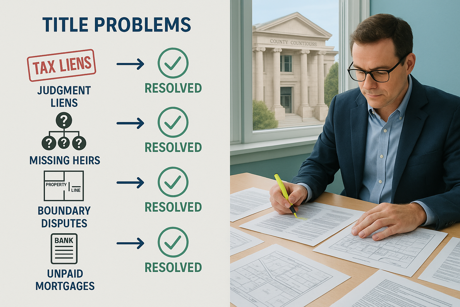 Wide landscape editorial photograph (1536x1024) showing split-screen comparison: left side displays common title problems with visual icons 