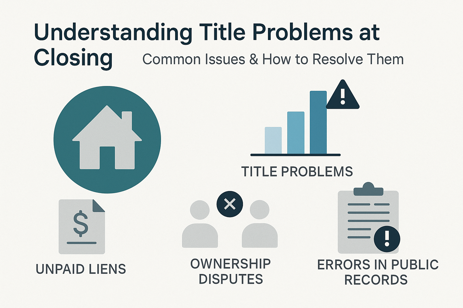 Professional landscape infographic (1536x1024) for article "Title Problems at Closing: Common Issues & How to Resolve Them", section: "Under