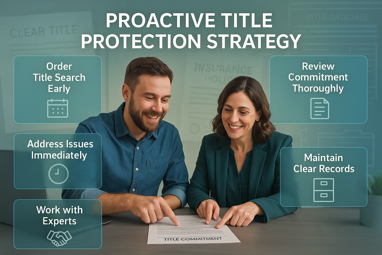 Professional landscape photograph (1536x1024) showing proactive title protection strategy. Central image features property owner and title p